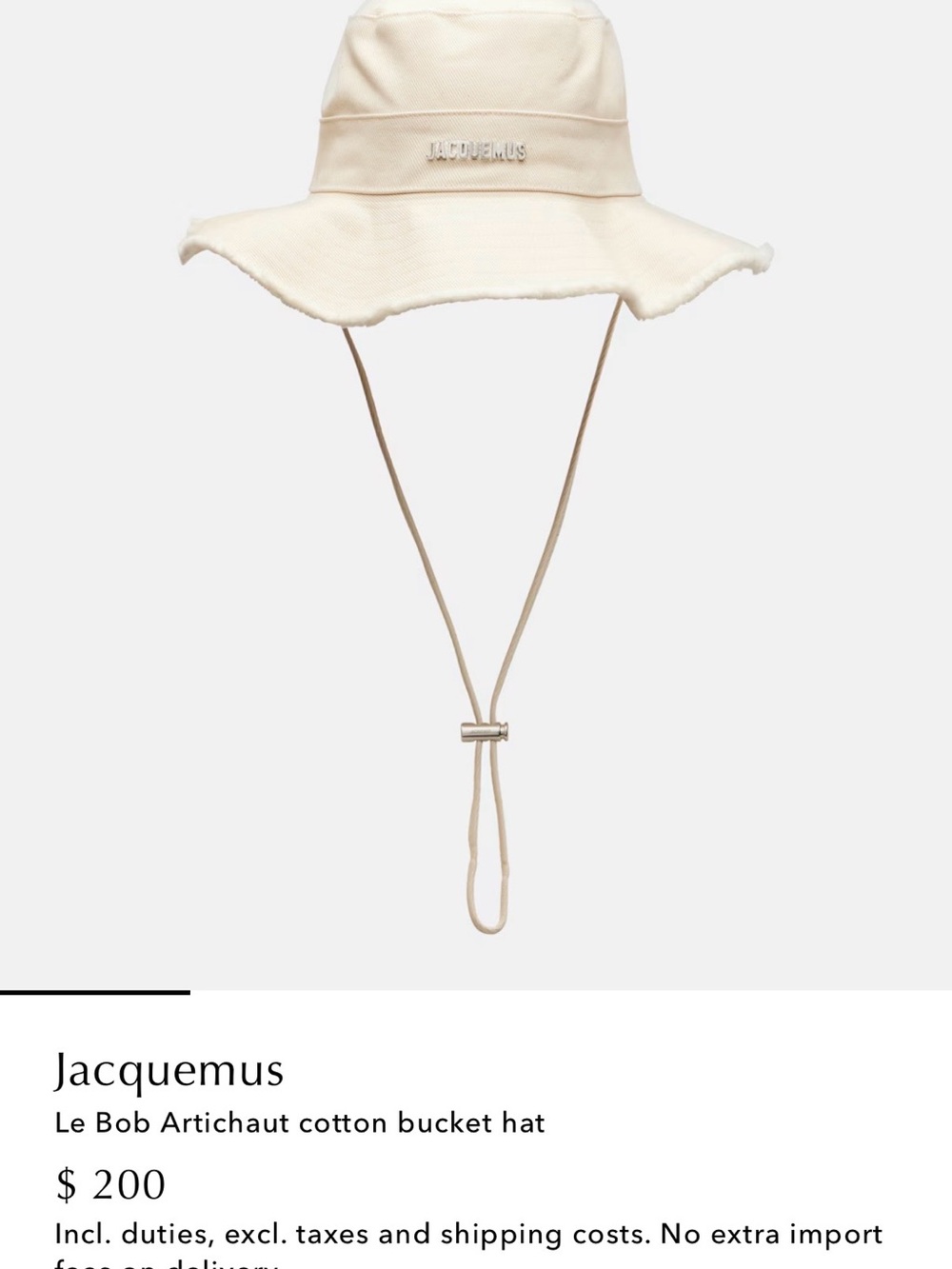 Jacquemus Cream Wide Brim Bucket Hat with Adjustable Chin Cord